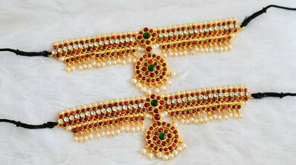 Gold tone kemp-green-white pearl bead armlets dj-50791