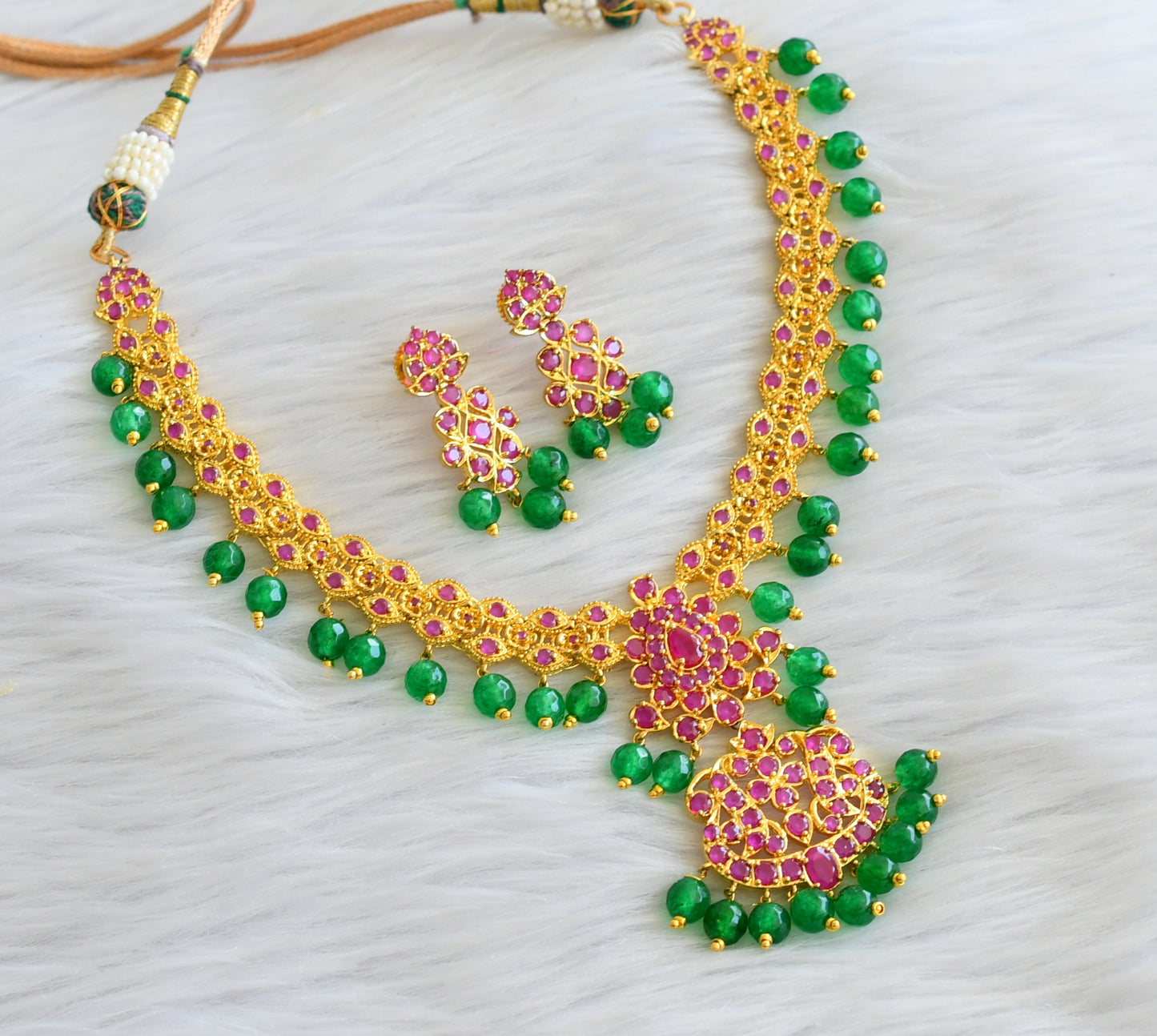 Gold tone ruby stone green beaded necklace set dj-43777