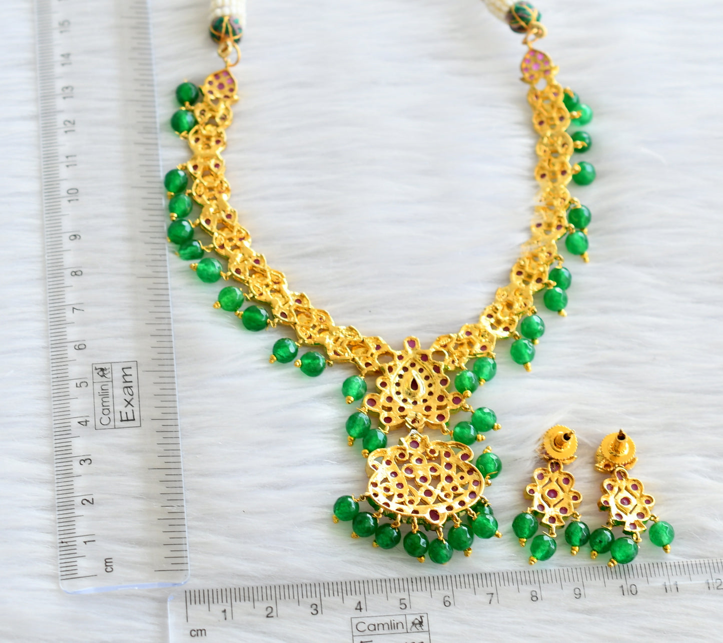 Gold tone ruby stone green beaded necklace set dj-43777