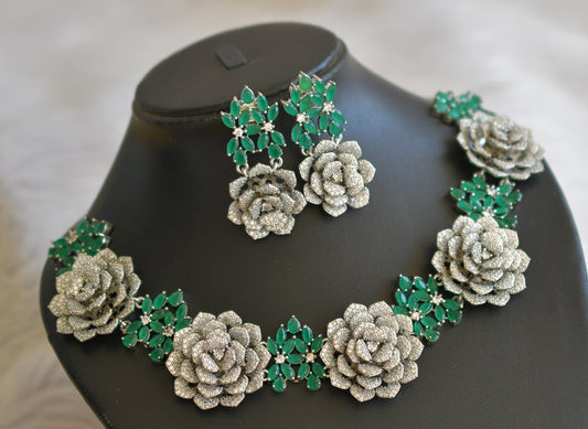 Silver tone emerald-white flower necklace set dj-45401