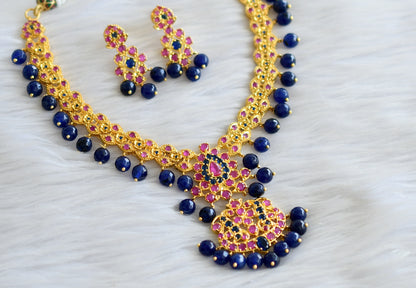 Gold tone ruby-blue stone blue beaded necklace set dj-43778