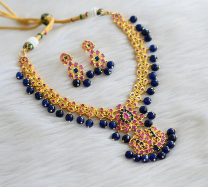 Gold tone ruby-blue stone blue beaded necklace set dj-43778