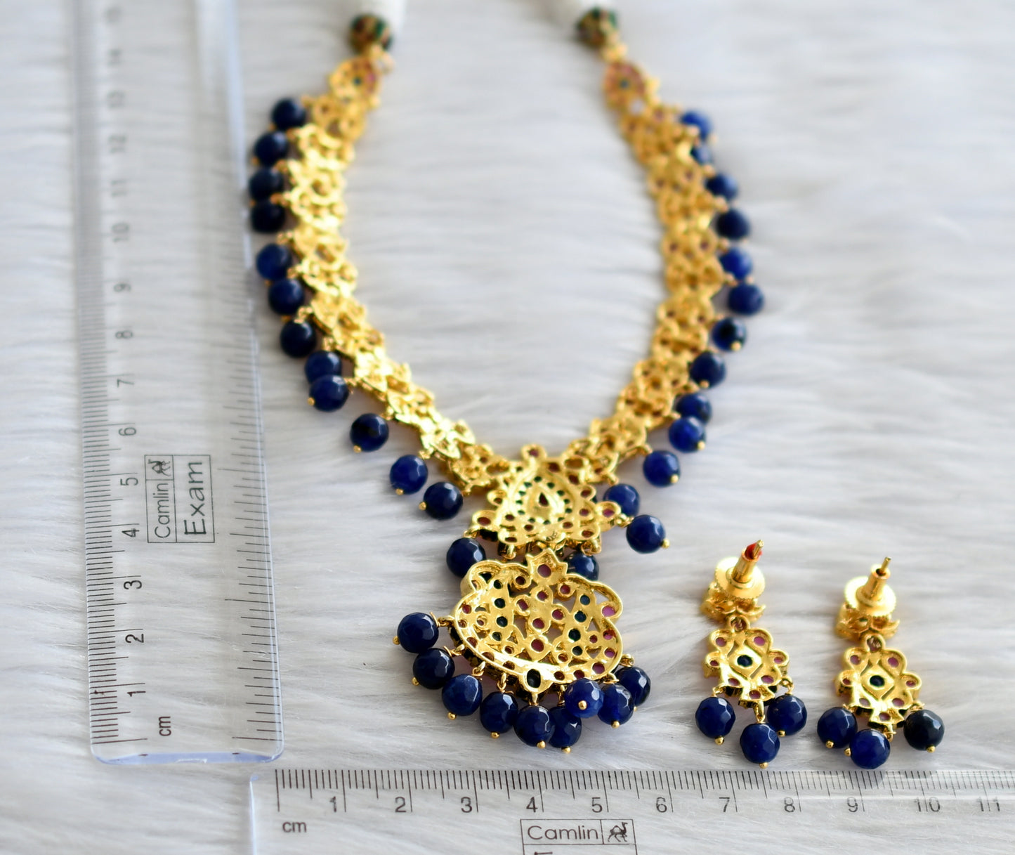 Gold tone ruby-blue stone blue beaded necklace set dj-43778