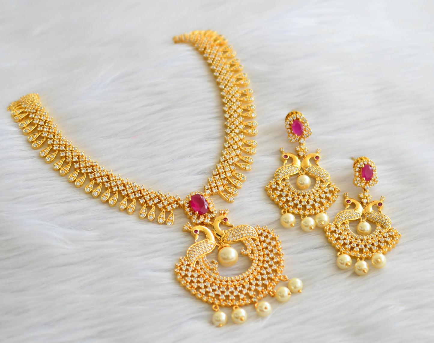 Gold tone cz-ruby bridal peacock necklace set d-j02878