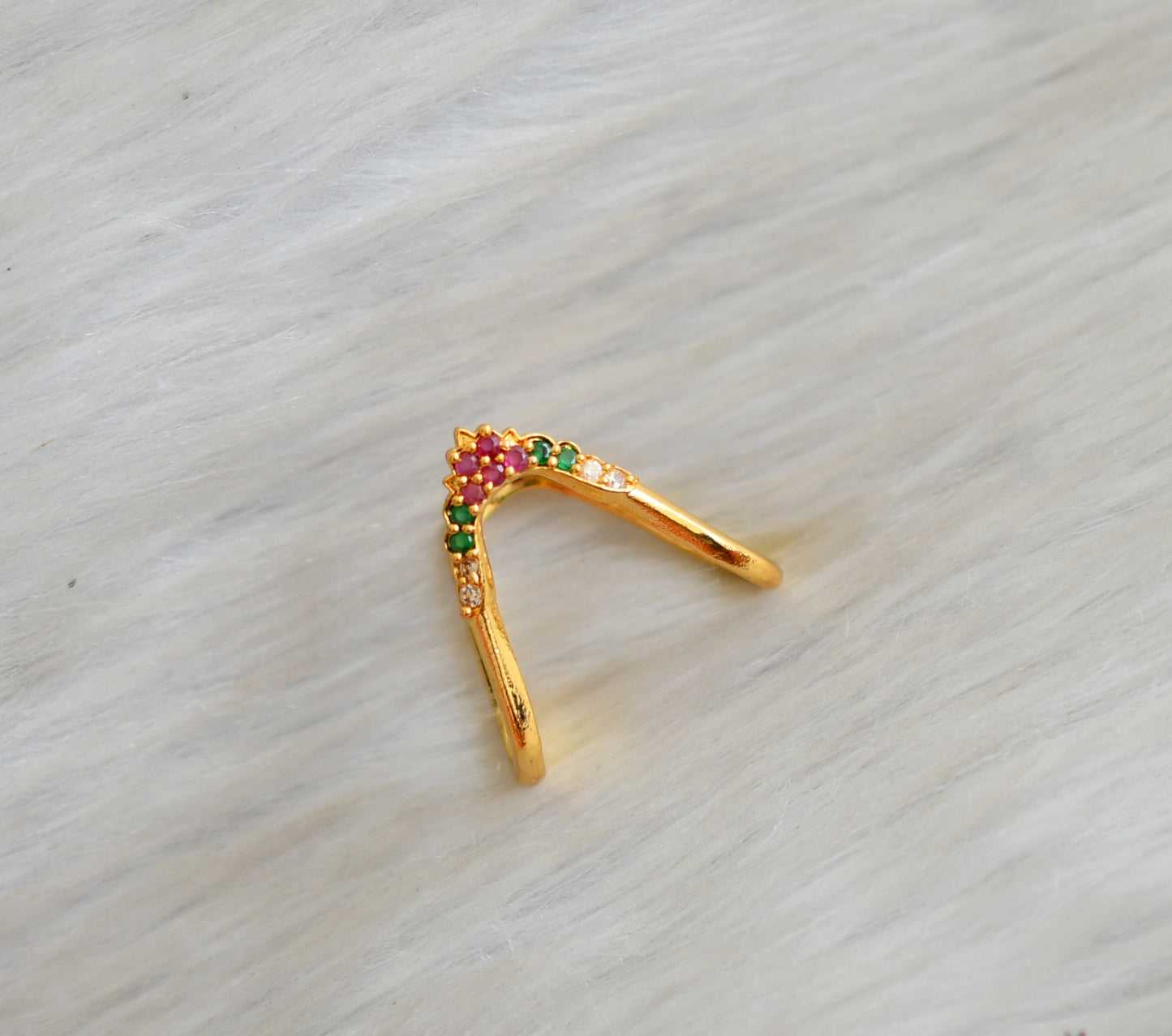 Gold tone ruby-green-white stone vanki finger ring dj-42457