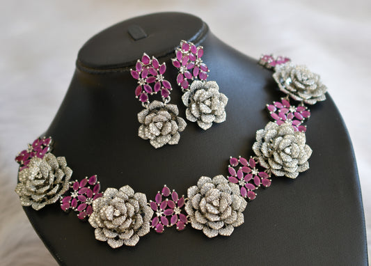silver tone ruby-white flower necklace set dj-45400