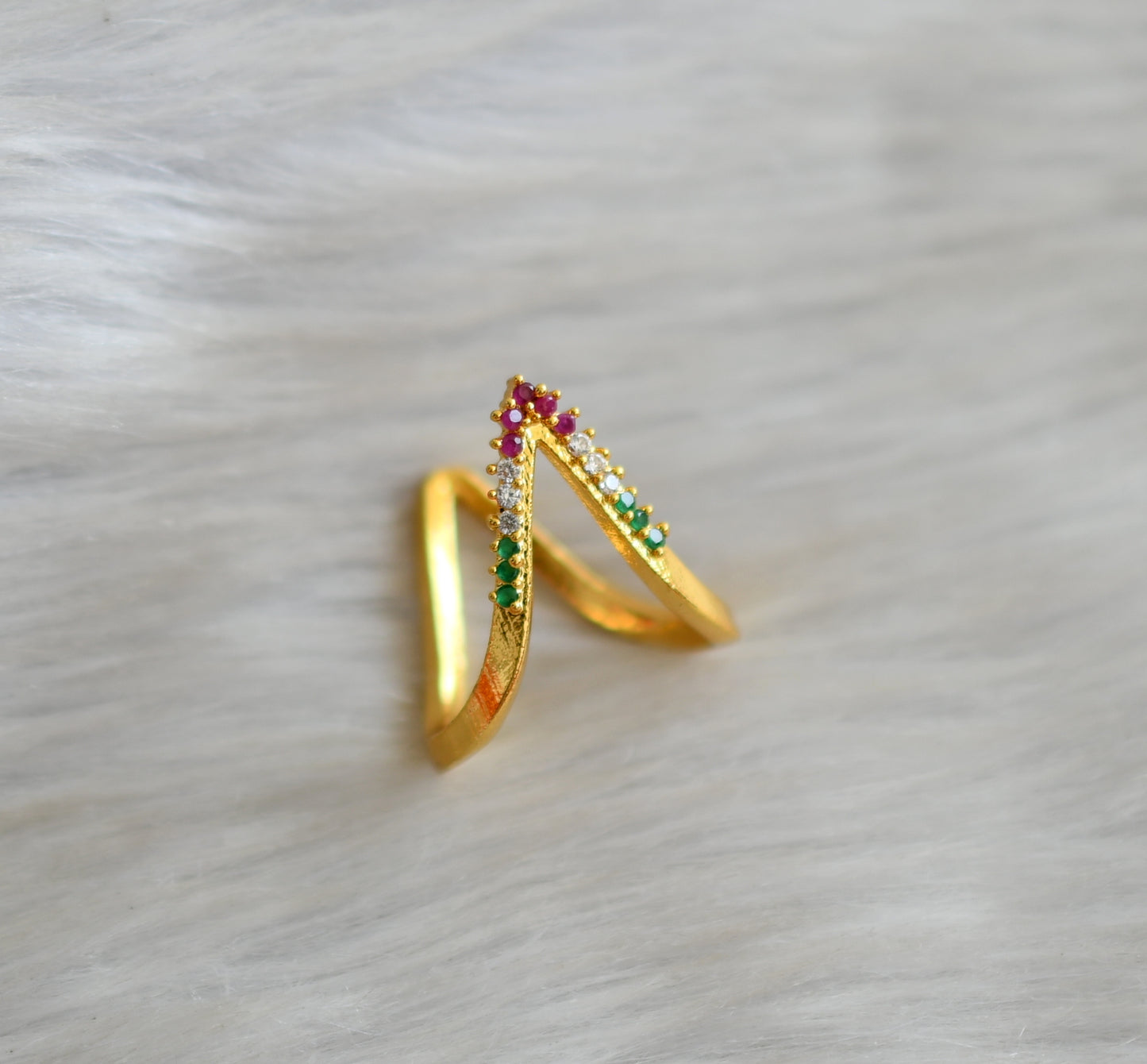 Gold tone ruby-green-white stone vanki finger ring dj-42458