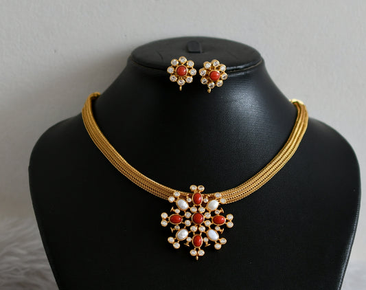 Matte finish cz coral-pearl stone flower necklace set dj-48859