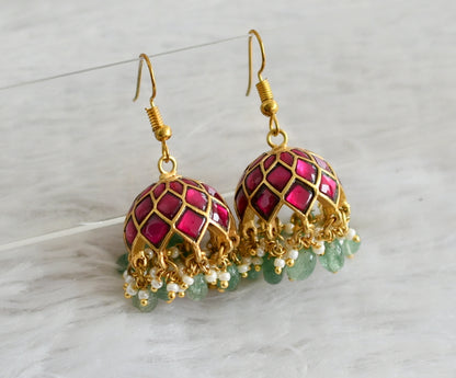 Gold tone pink kundan jadau green beaded jhumkka dj-48863