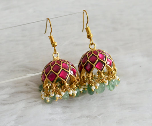 Gold tone pink kundan jadau green beaded jhumkka dj-48863