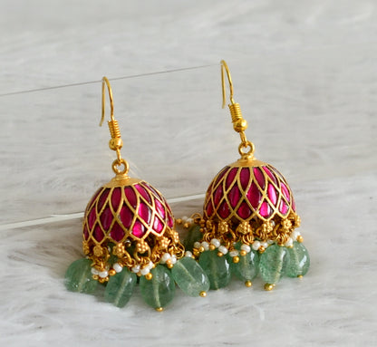 Gold tone pink kundan jadau green beaded hook jhumkka dj-48862