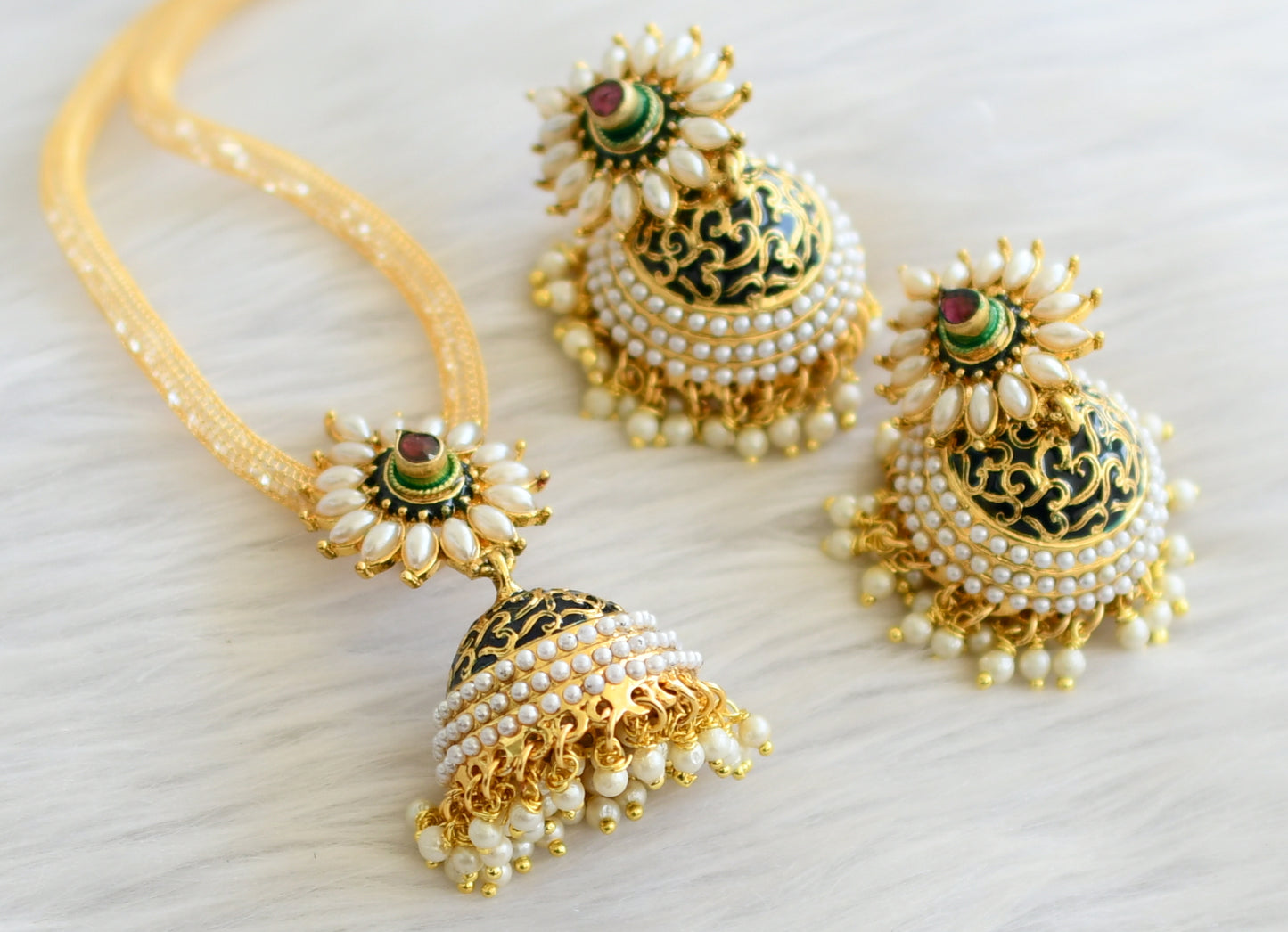 Antique gold tone meenakari pearl jhumkka pendant necklace set dj-03118