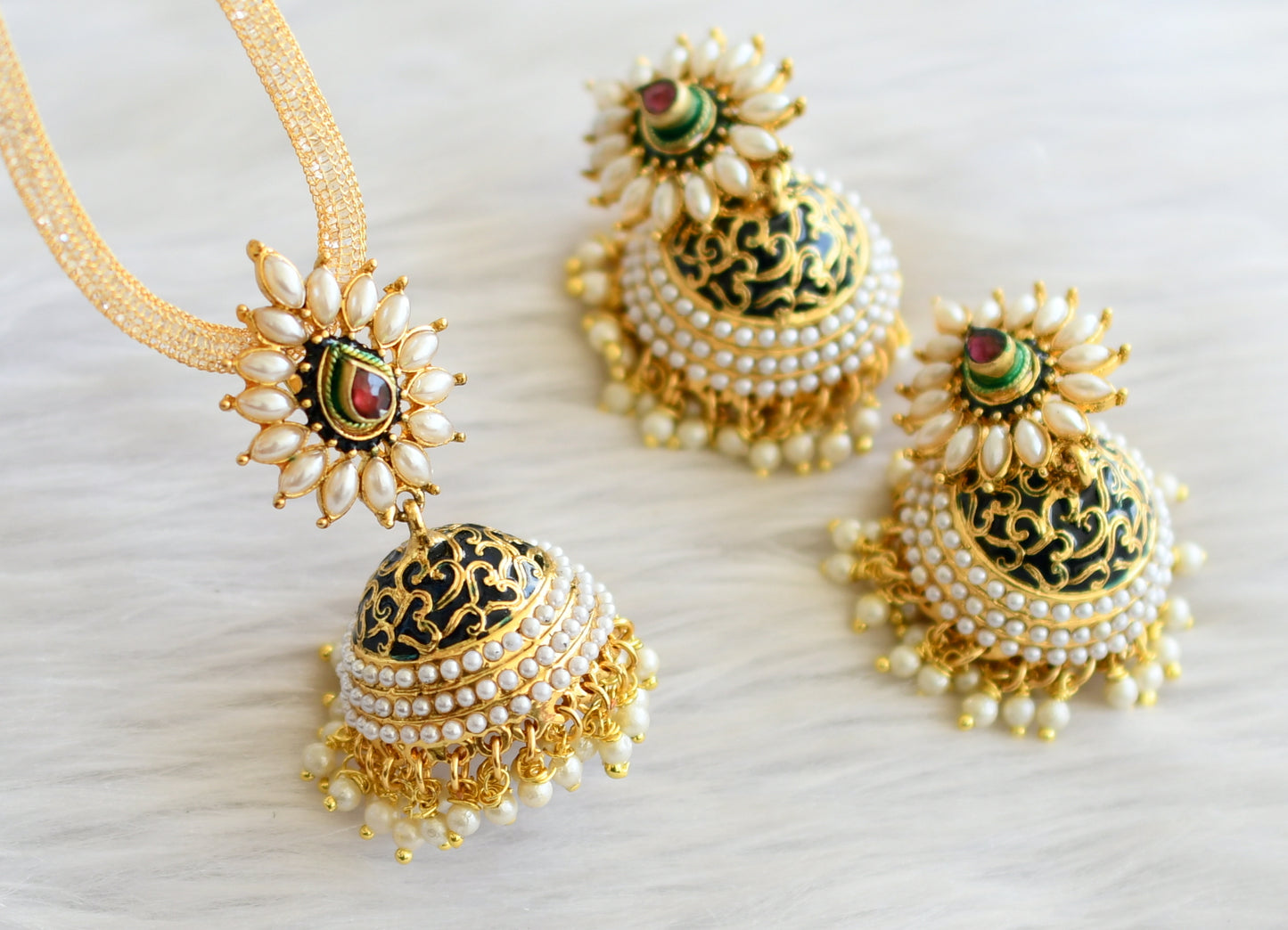 Antique gold tone meenakari pearl jhumkka pendant necklace set dj-03118