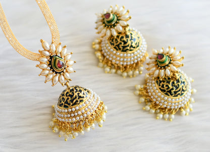 Antique gold tone meenakari pearl jhumkka pendant necklace set dj-03118