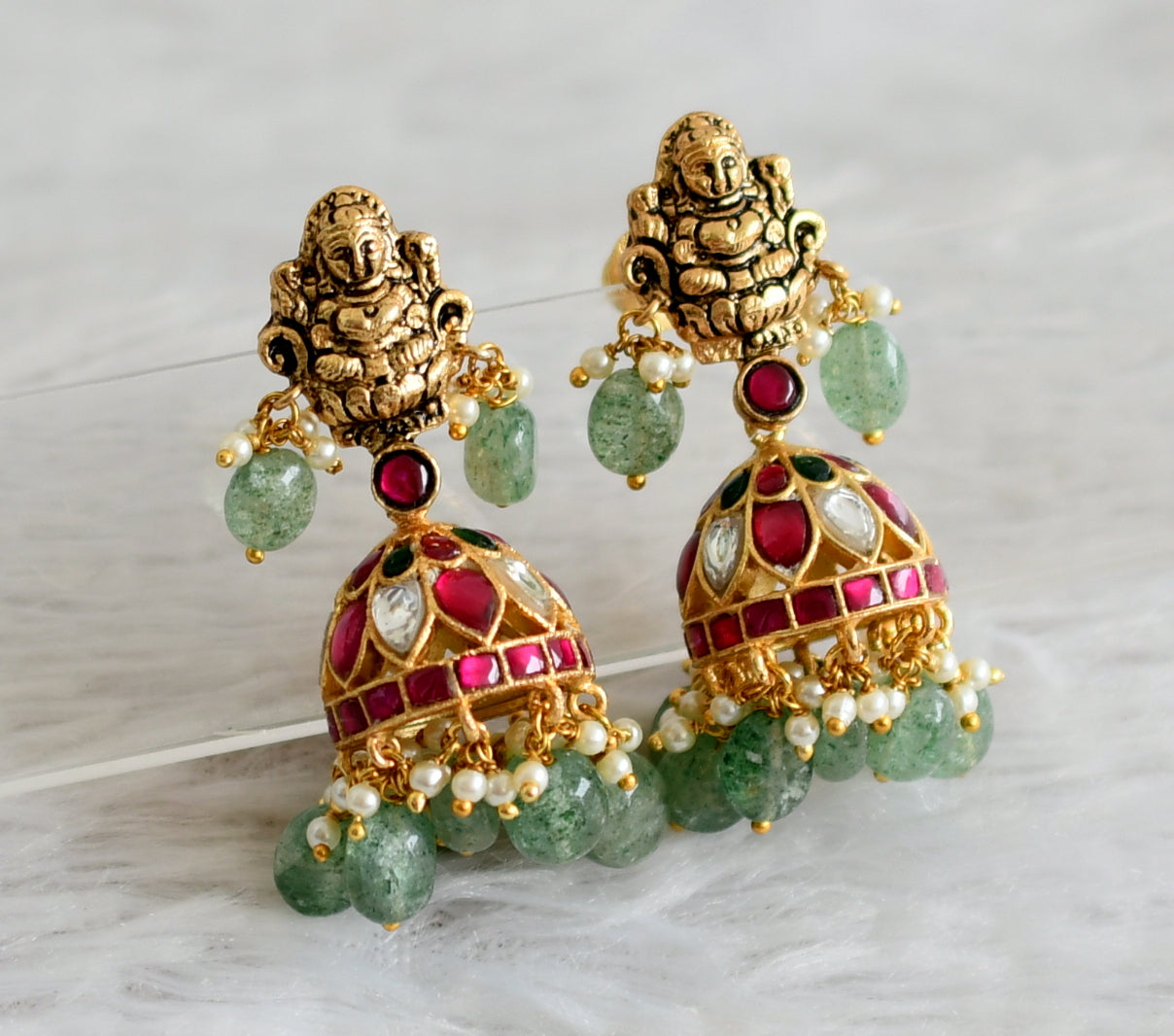 Antique gold tone pink-green-white kundan jadau green beaded lakshmi jhumkka dj-48866