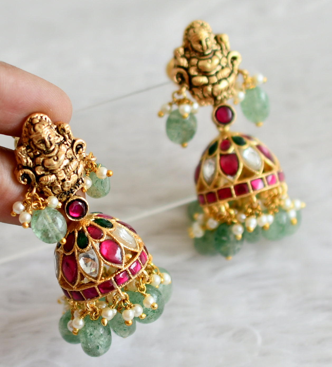 Antique gold tone pink-green-white kundan jadau green beaded lakshmi jhumkka dj-48866