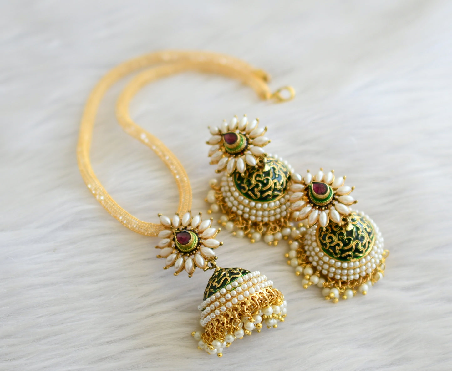 Antique gold tone Meenakari Pearl Jhumkka Pendant Necklace Set-dj03121