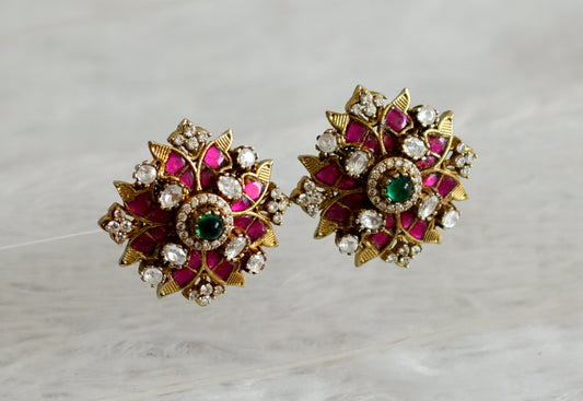 Antique gold tone pink-green-white kundan jadau flower earrings dj-48867