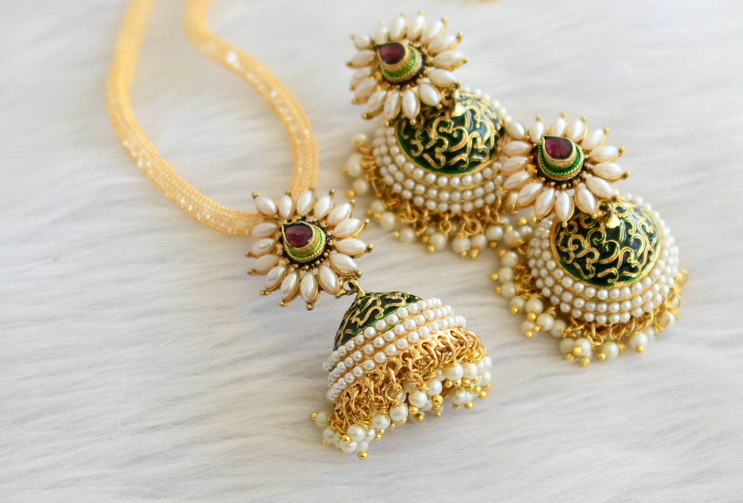 Antique gold tone Meenakari Pearl Jhumkka Pendant Necklace Set-dj03121