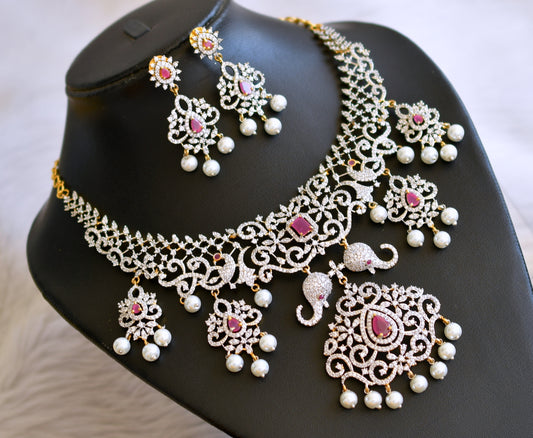Two tone ruby-white pearl elephant peacock necklace set dj-45413