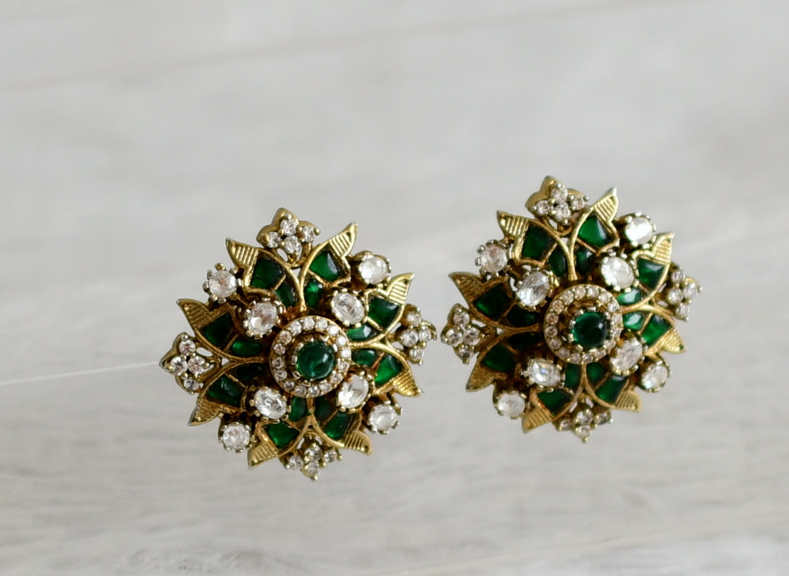 Antique gold tone green-white kundan jadau flower earrings dj-48868