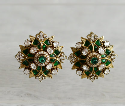 Antique gold tone green-white kundan jadau flower earrings dj-48868