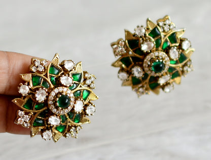 Antique gold tone green-white kundan jadau flower earrings dj-48868