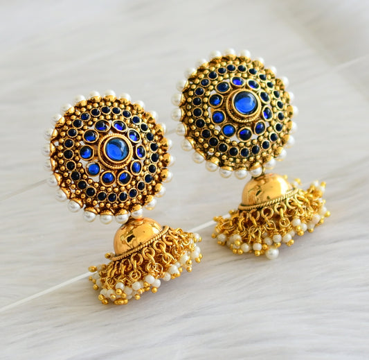 Antique gold tone blue pearl round jhumkka dj-02929