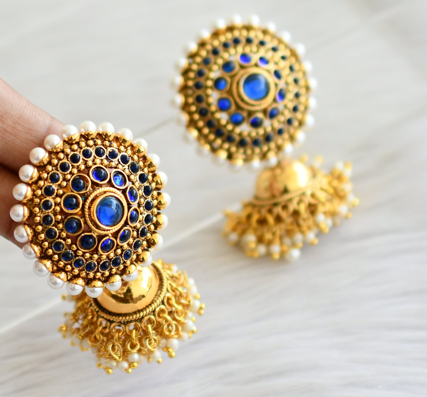 Antique gold tone blue pearl round jhumkka dj-02929