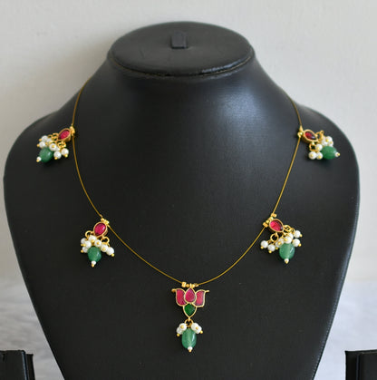 Gold tone pink kundan jadau lotus green bead invisible necklace dj-50823
