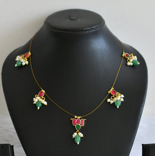 Gold tone pink kundan jadau lotus green bead invisible necklace dj-50823
