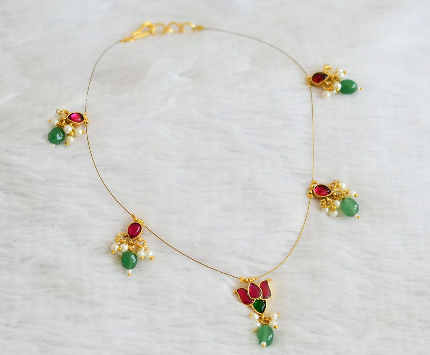 Gold tone pink kundan jadau lotus green bead invisible necklace dj-50823