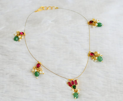 Gold tone pink kundan jadau lotus green bead invisible necklace dj-50823