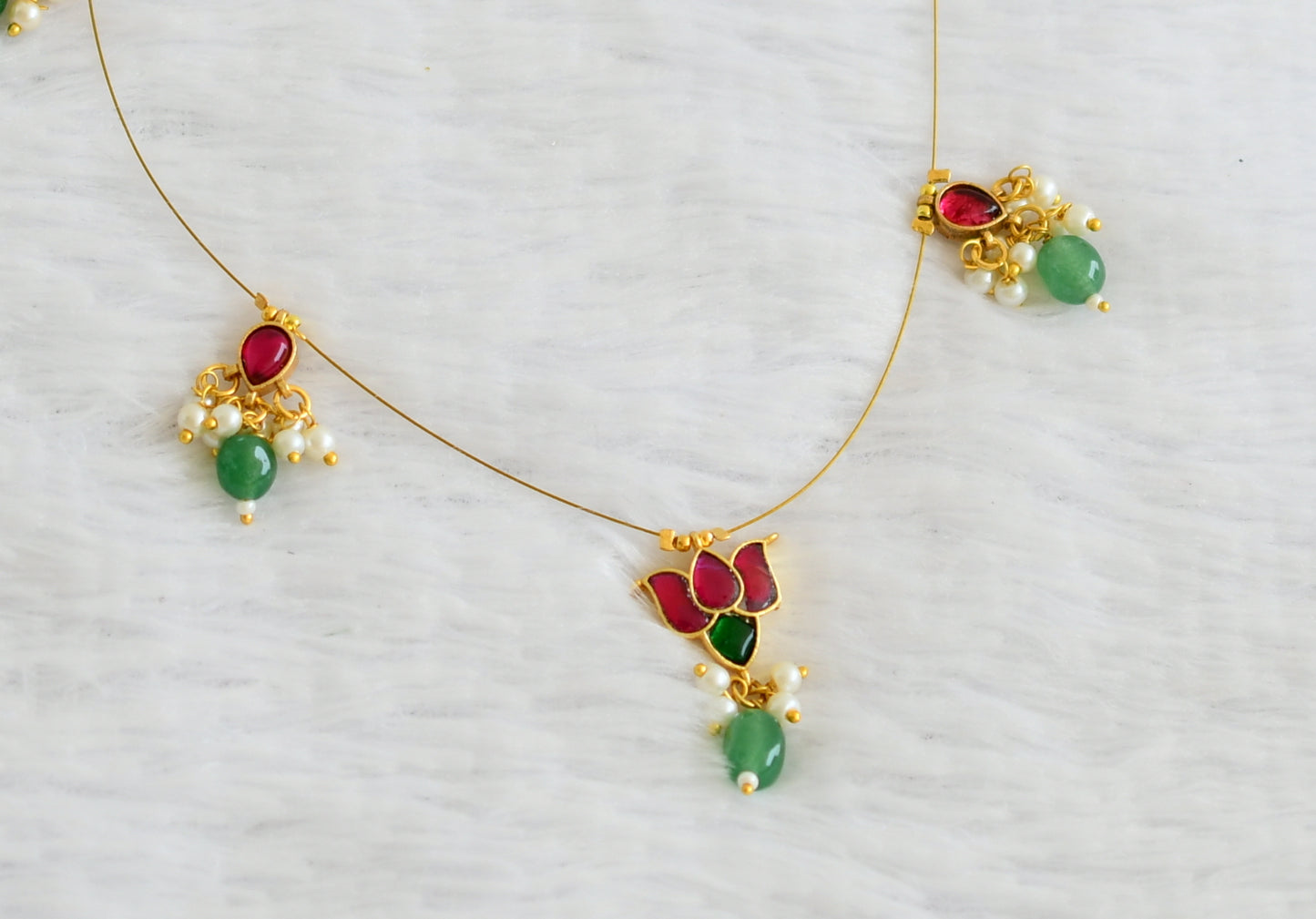 Gold tone pink kundan jadau lotus green bead invisible necklace dj-50823