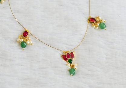 Gold tone pink kundan jadau lotus green bead invisible necklace dj-50823