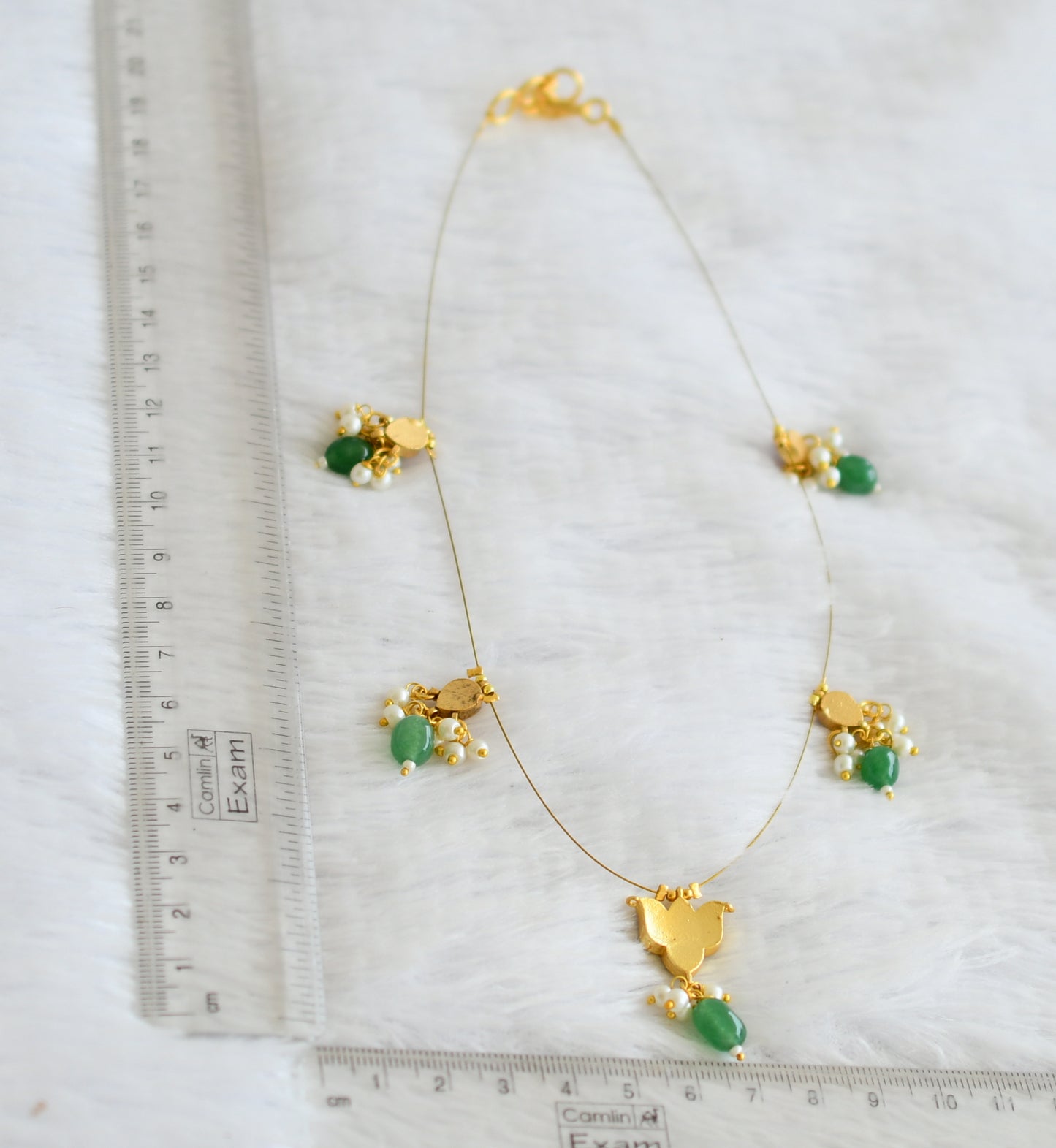 Gold tone pink kundan jadau lotus green bead invisible necklace dj-50823