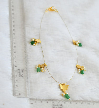 Gold tone pink kundan jadau lotus green bead invisible necklace dj-50823