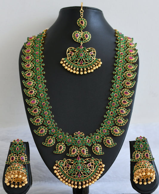 Matte finish green-kemp mango flower short haar set with tikka dj-50828