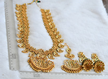 Matte finish green-kemp mango flower short haar set with tikka dj-50828