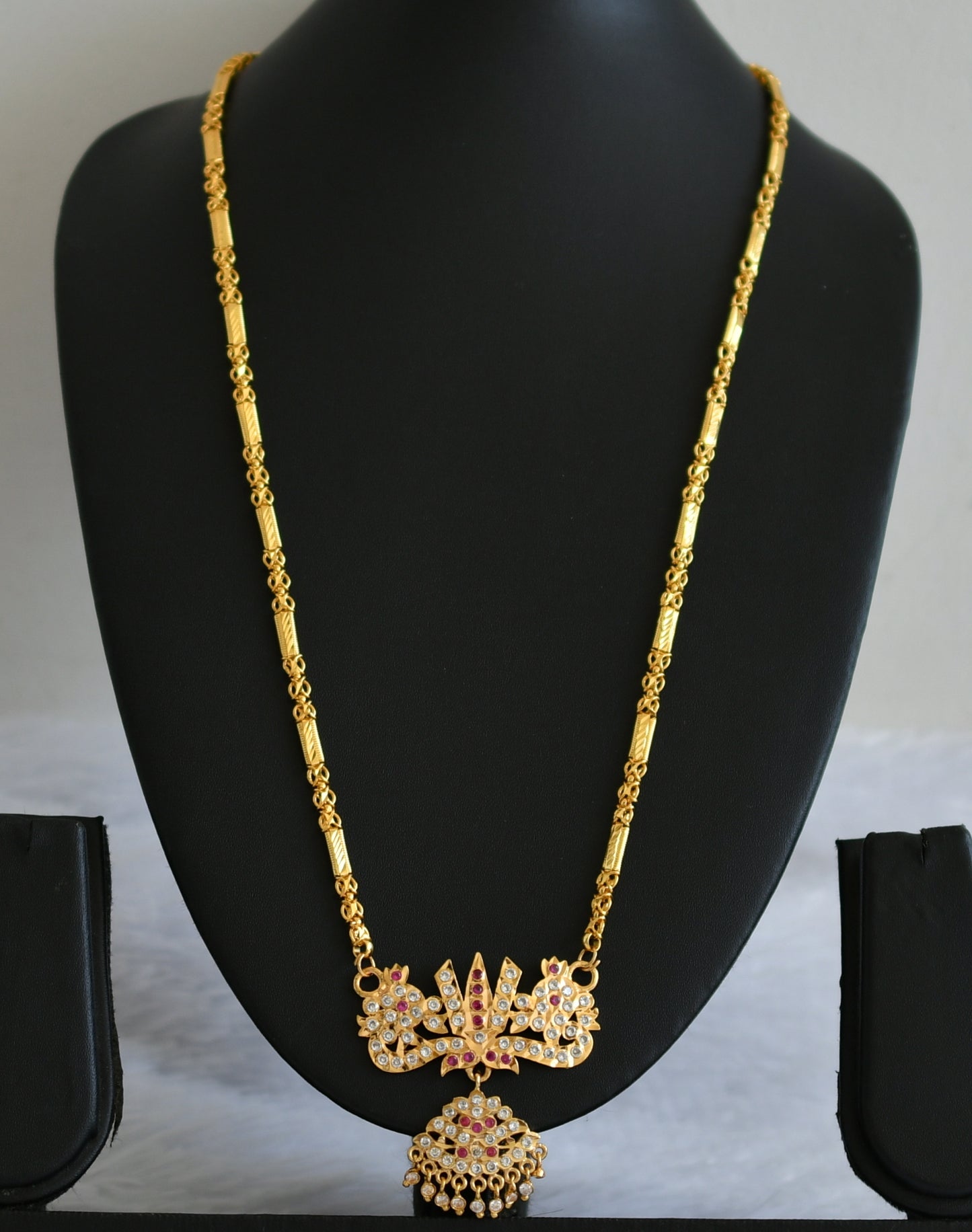 Gold tone 24 inches chain with pink-white shanku-chakra-nama pendant dj-50821