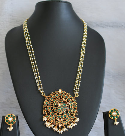 Gheru finish Green Kundan Jadau Peacock pendant With Rice Pearls and chain DJ21994