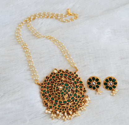 Gheru finish Green Kundan Jadau Peacock pendant With Rice Pearls and chain DJ21994