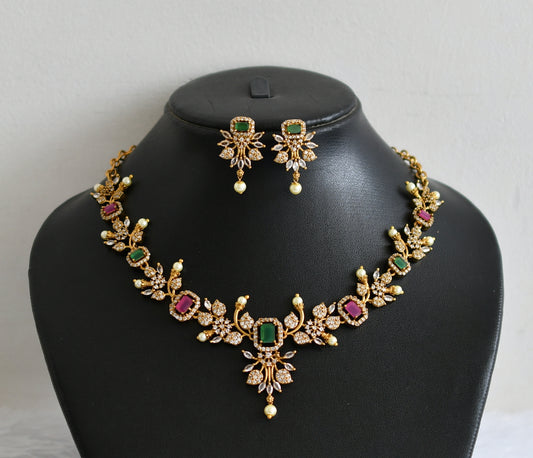 Antique gold tone cz ruby-green flower block stone necklace set dj-50835