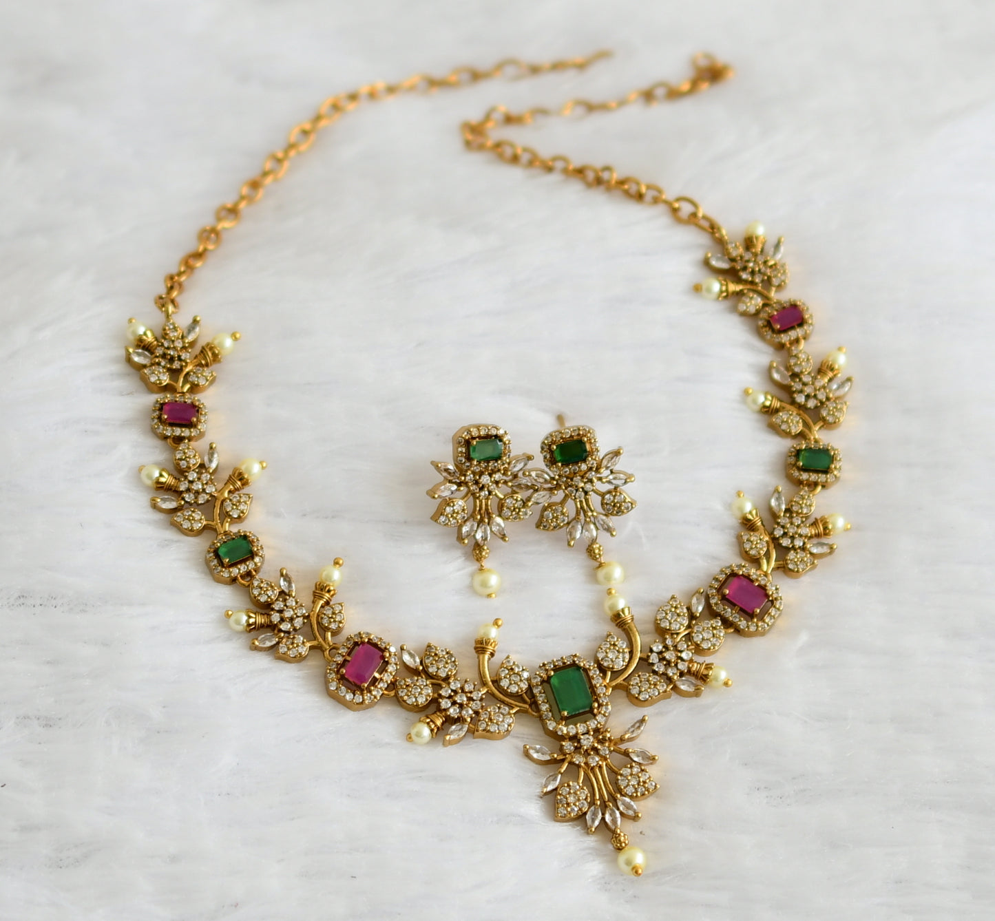 Antique gold tone cz ruby-green flower block stone necklace set dj-50835