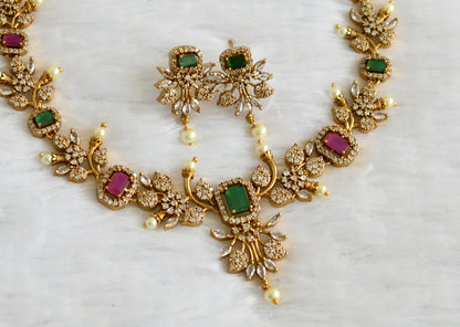 Antique gold tone cz ruby-green flower block stone necklace set dj-50835