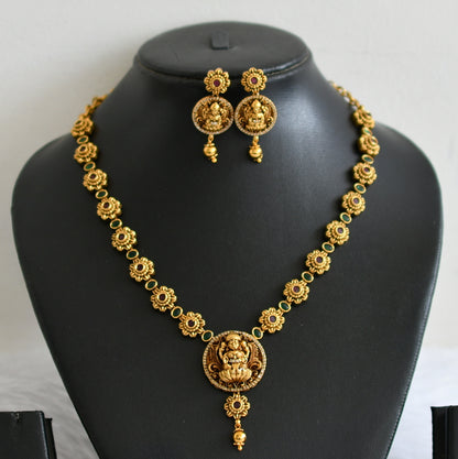 Antique gold tone kemp-green lakshmi flower necklace set dj-50836