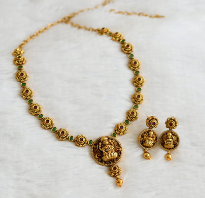 Antique gold tone kemp-green lakshmi flower necklace set dj-50836