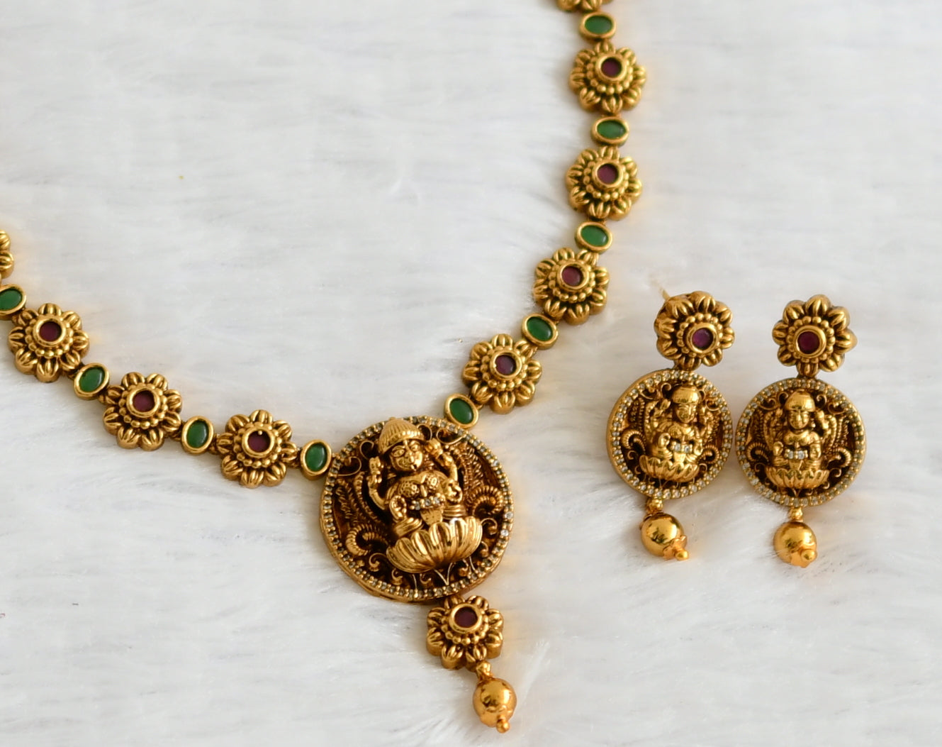 Antique gold tone kemp-green lakshmi flower necklace set dj-50836