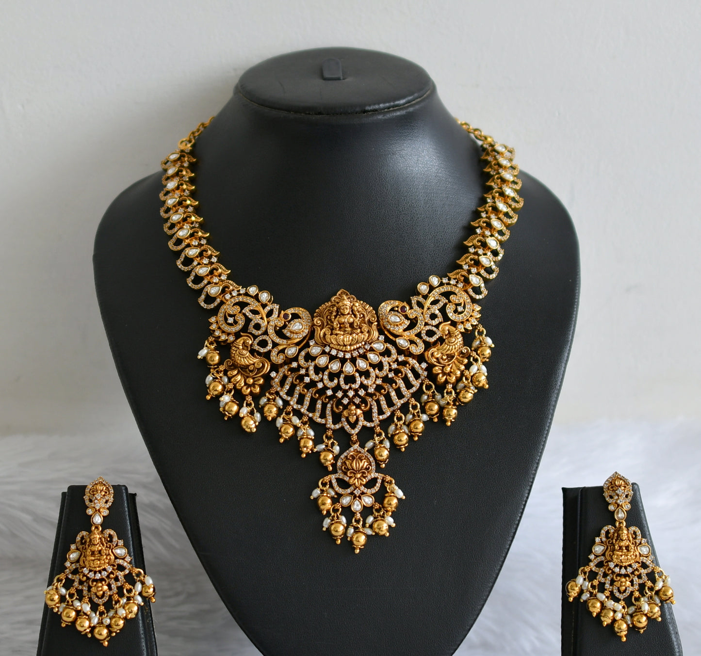 Antique gold tone cz white lakshmi peacock mango necklace set dj-50838