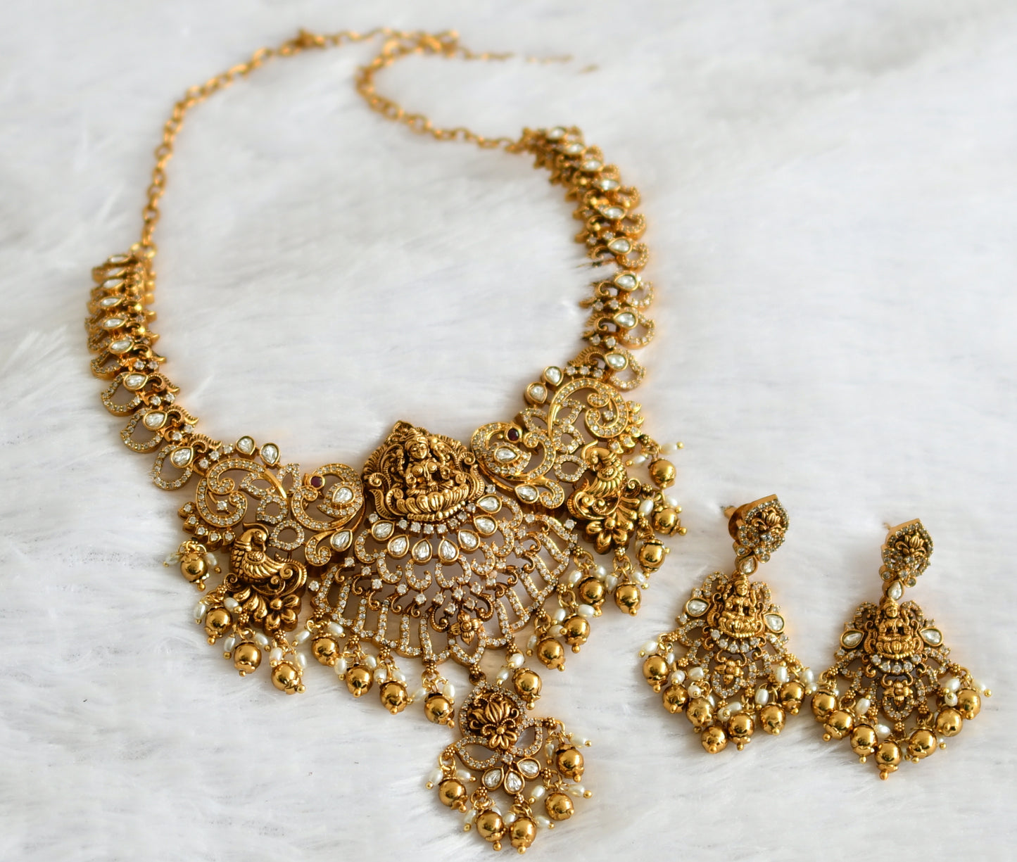 Antique gold tone cz white lakshmi peacock mango necklace set dj-50838